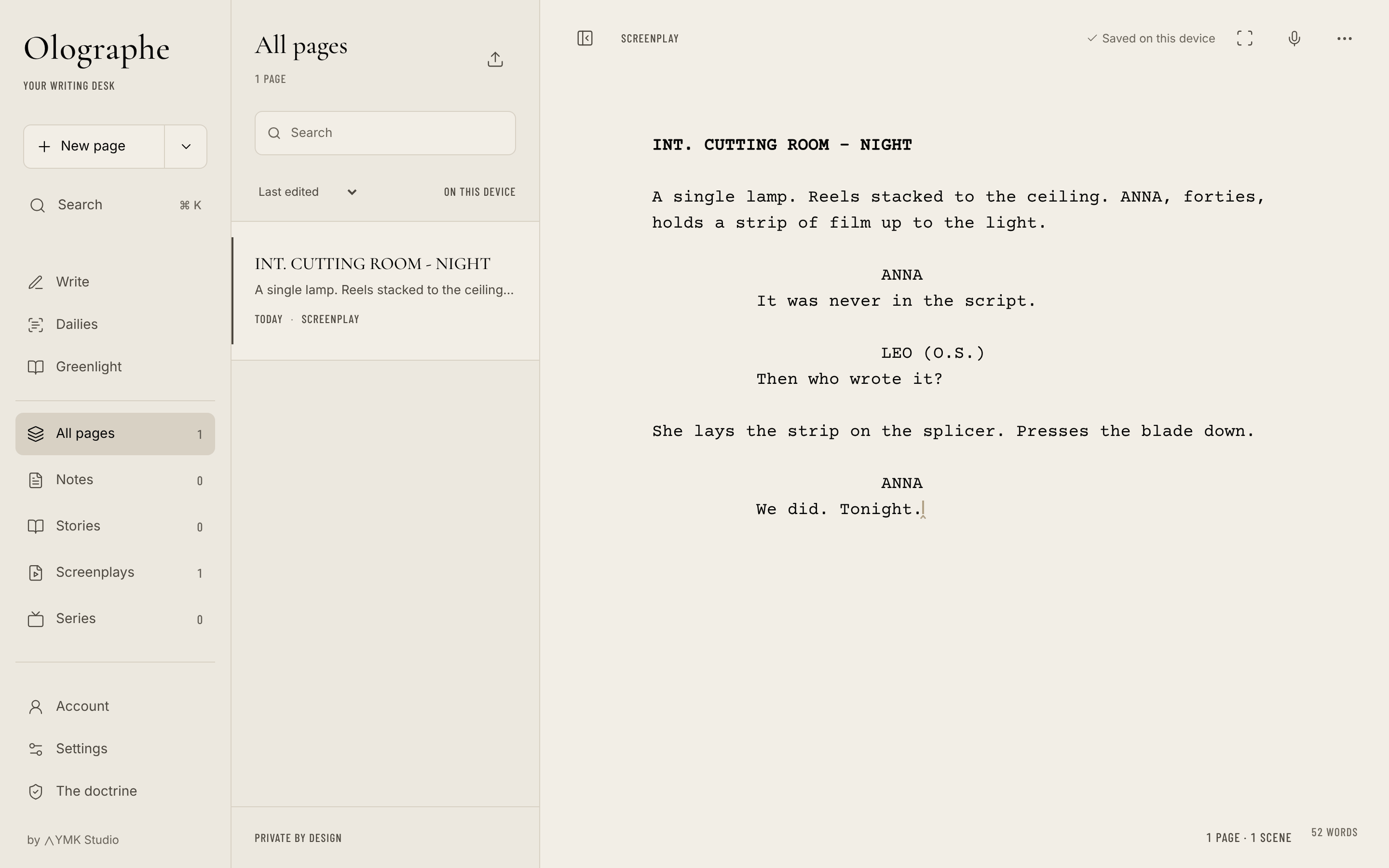 Olographe in a browser: a screenplay page whose scene heading, character names and dialogue are set in standard script format.